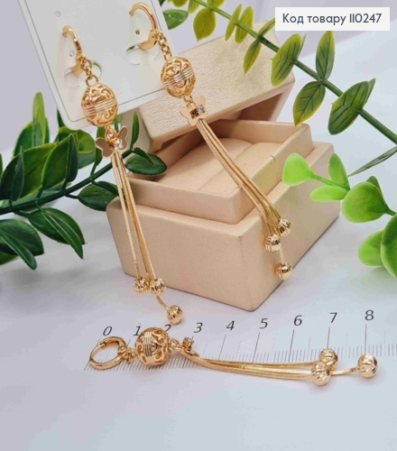 Серьги кольца с подвесными цепочками в камешки и с Бабочкой, размер 1,1+7,5см, Xuping 18K 110247 фото 2