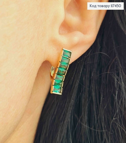 Серьги "ВЕЧНОСТЬ" с камнями в один ряд ЗЕЛЕНОГО цвета, дл. 2см, английский застежка, XUPING 18K 117450 фото 3