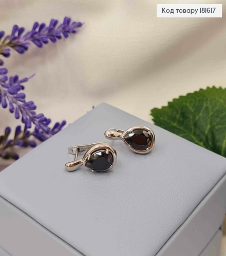 Серьги родованные "Капелька Надежды" с Черным камешком, 1,7см, английская застежка, Xuping 181617 фото 2