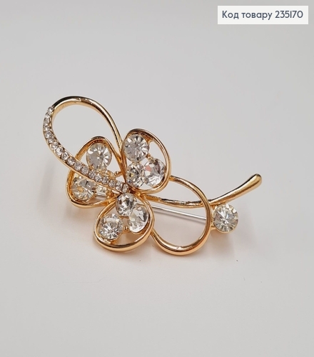 Брошка метал Цветок золото с камушками 5х2,5см 235170 фото 3