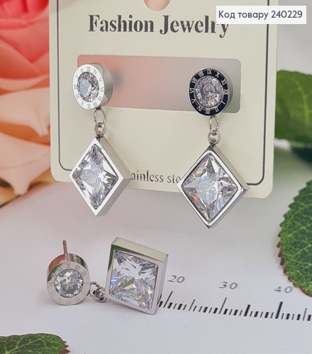 Сережки родированые гвоздики BVLGARI с большым камнем, 3*1,5см, Stainless Steel 240229 фото 3