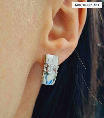 Серьги родованные прямоугольная пластина с блестящим камнем, 1,6см, английская застежка, Xuping 181711 фото 2