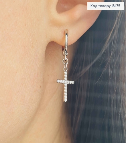 Серьги кольца 1см, родованные, с подвеской Крестиками 1,5см, в камешках, Xuping 181175 фото 2