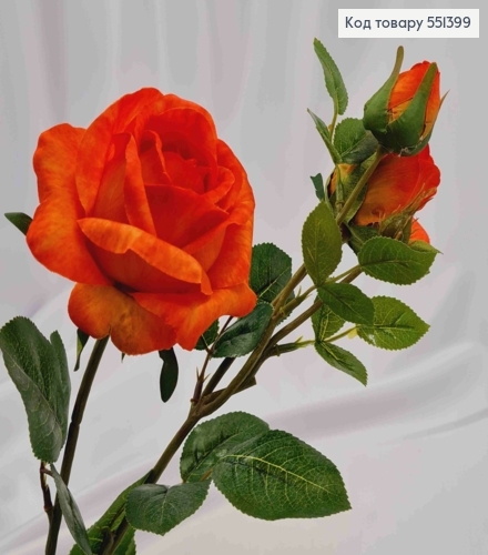 Искусственная ветвь Розы, Оранжево-Красного цвета, 2 цветочка и 1 бутоны, высотой 66см 551399 фото 2
