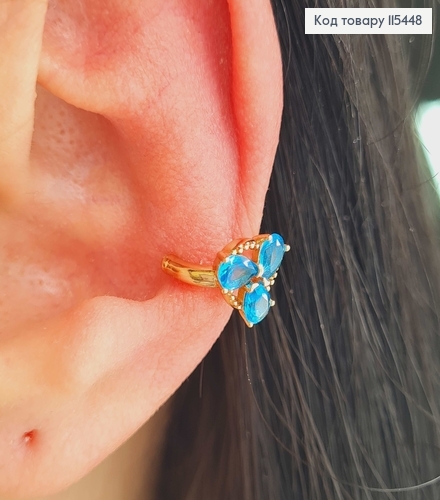 Серьги кафы на хрящ, с тремя синими камешками. Xuping 18K 115448 фото 2
