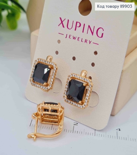 Сережки з Квадратним Чорним каменем в оправі з камінців, довж. 1,5см, англ. застібка, Xuping 18К 119903 фото 3