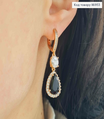 Серьги "Капля Океана" с подвеской Черным камешком, 3,5см, англ. зам. Xuping 18K 116953 фото 3