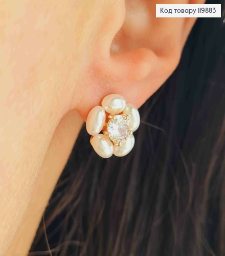 Сережки гвіздки "Квітка" з Перлинок та Блискучим каменем, розміром 1,3см, Xuping 18K 119883 фото 2