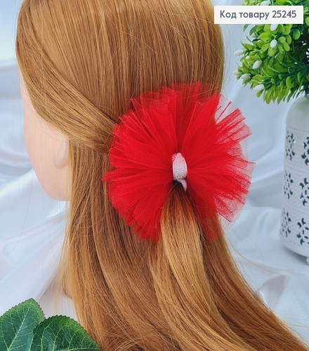 Резинка, Бант фатиновый, красного цвета, с блестящей лентой, 11см, Ручная работа, Украина 25245 фото 2