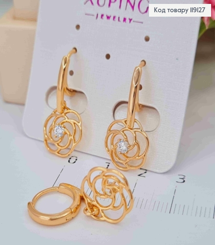 Серьги кольца (1,2 см) с подвижной подвеской "Ажурный Цветок" с камнем, длина 2,3см, XUPING 18K 119127 фото 3