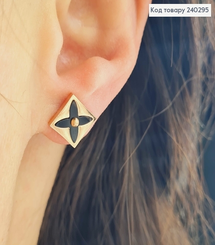 Серьги гвозди золотой цвет с черным камнем медицинская сталь Stainless Steel 240295 фото 2