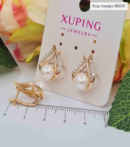 Серьги "Полет Ангела" с жемчужкой и камешками, размер 1,7*1,2см, английская застежка, Xuping 18K 118205 фото 2