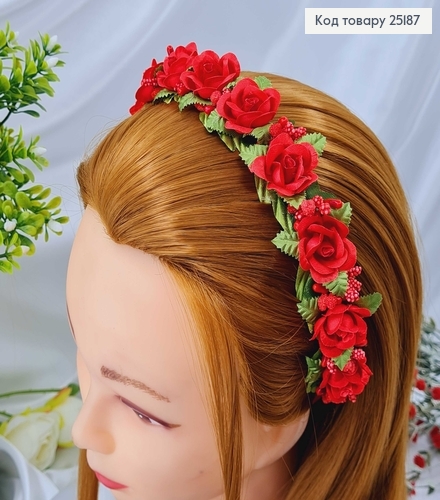 Обруч, метал, червоні трояндочки з додатком, ручна робота, Україна 25187 фото 2