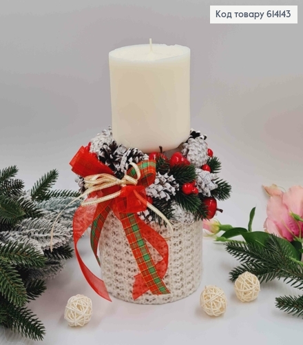 Декоративный подсвечник, декорированный шишками, яблочками и ленточкой, 16*10см, ручная работа, Украина. 614143 фото 2