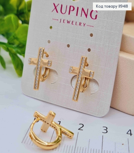 Серьги кольца с Крестиком в камешках (1,7*1,1см), диаметр 1,2см, Xuping 18К 119418 фото 2