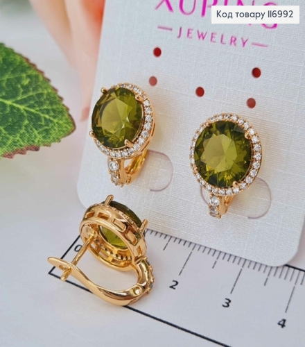 Серьги, "Небесный глаз" с камнем цвета Хаки, 1,5см. англ. зам, Xuping 18К 116992 фото 2