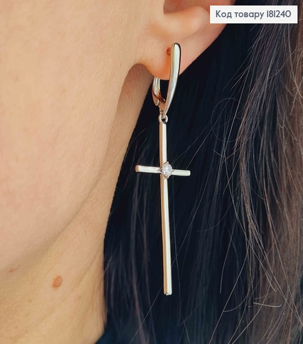 Серьги родованные, с подвесками Крестиками с камешком, 4*1,5см, англ. зам. Xuping 181240 фото 3