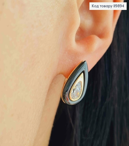 Серьги "Капелька" с Блестящим камнем и Черной эмалью, 1,9см, английская застежка, Xuping 18K 119894 фото 2