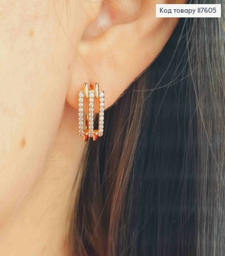Серьги украшены блестящими камешками в три ряда, 1,6см, англ. застежка, Xuping 18К 117605 фото 3