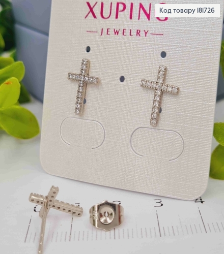 Серьги родованные гвоздики "Крестики" украшены Блестящими камешками, 1,3*0,9см, Xuping 181726 фото 2