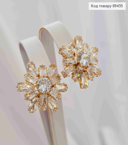 Сережки - кліпси "Квітка Сонця" з Блискучими камінцями, 2,1см, Xuping 18К 119435 фото 2
