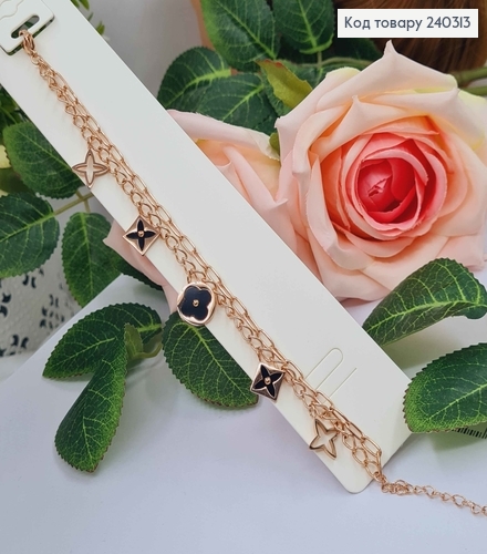 Браслет двойной, золотого цвета с пластинками с черной эмалью, 17,5+5см сталь Stainless Steel 240313 фото 2