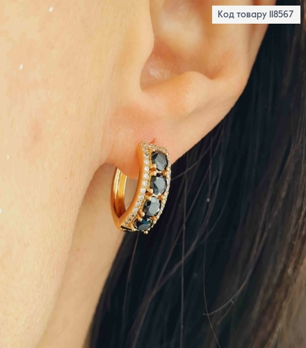 Серьги кольца с черными камешками, диаметр 1,7см, Xuping 18К. 118567 фото 2