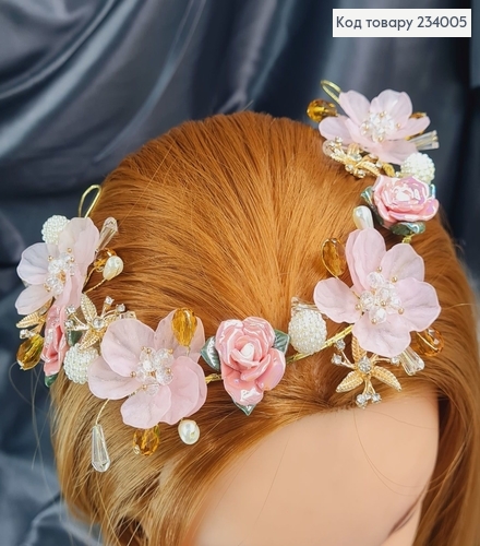 Гілочка  в волосся ручної роботи з рожевими квітами 234005 фото 2