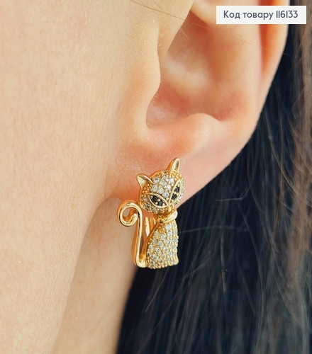 Серьги, "Киса" в камнях, с черными камешками, 1,5см, англ. застежка, Xuping 18К 116133 фото 2