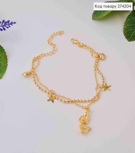 Браслет на ногу двойной золотого цвета с русалкой, ракушками, звездочками 20+5см, Fashion ANKLET 274112 фото 2