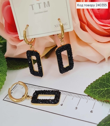 Сережки кільця, золотого кольору. Підвіски прямокутнички в чорних камінцях, сталь Stainless Steel 260012 фото 2