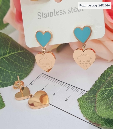 Серьги гвоздики, с подвесками сердечками, с голубой емаллю, золотого цвета, сталь Stainless Steel 240344 фото 2