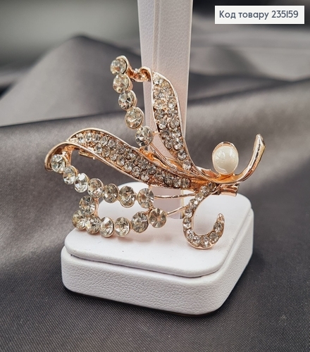 Брошка металл Веточка с камушками и жемчужиной 5,5х4см 235159 фото 2