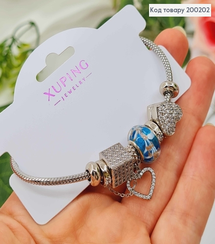 Браслет "Пандора" с голубой шармиком, с подвеской сердечком, длиной 18см. Xuping 18K 200202 фото 2