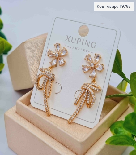 Серьги гвоздики "Цветок с Узелком" с Блестящими камешками, размер 1,2+2,4см, Xuping 18K 119788 фото 3