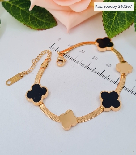 Браслет 17.5+3.5 см Van Cleef плоский снейк с чёрной эмалью, цвет золотой, Stainless Steel 240267 фото 2