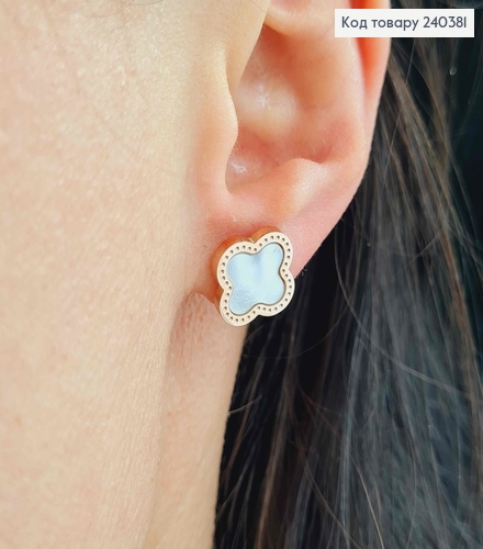 Серьги гвоздики, с белой эмалью, "Van Cleef", 1,3см, сталь Stainless Steel 240381 фото 2