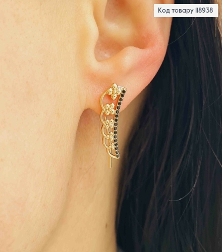 Серьги крючки с черными камешками и цветами, 2,1см, Xuping 18K 118938 фото 3