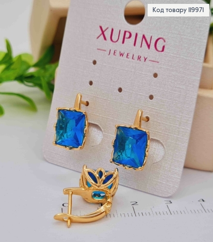 Сережки з квадратним Вишукно-Блакитним каменем, довж. 1,5см, англійська застібка, Xuping 18K 119971 фото 2