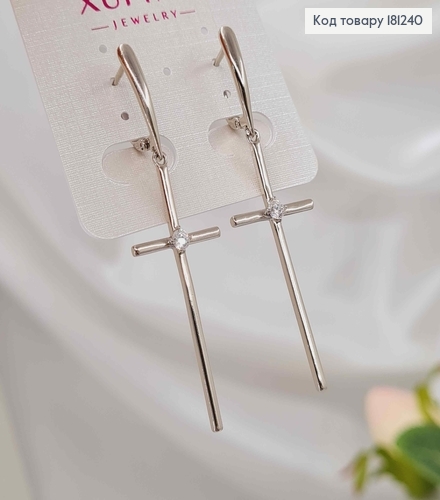 Серьги родованные, с подвесками Крестиками с камешком, 4*1,5см, англ. зам. Xuping 181240 фото 2