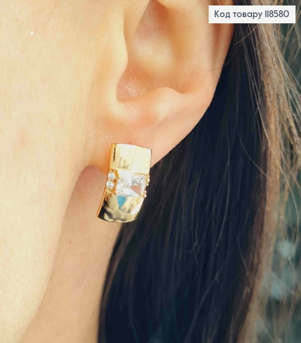 Серьги прямоугольная пластина украшена блестящим камнем, 1,6см, английская застежка, Xuping 18К. 118580 фото 2