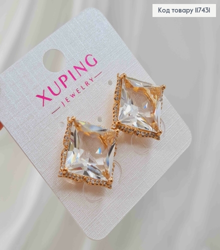 Серьги гвоздики, объемный Блестящий Прозрачный квадратный камень в оправе, 1,5*1,5см, XUPING 18K 117431 фото 2