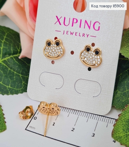 Сережки гвоздики, "Жабка", мордочка жабки в камінцях, 1см, Xuping 18K 115900 фото 2
