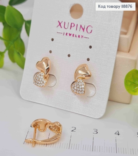 Сережки "Подвійне Серце" прикрашені Блискучими камінцями, 1,4см, англійська застібка, Xuping 18К 118876 фото 2