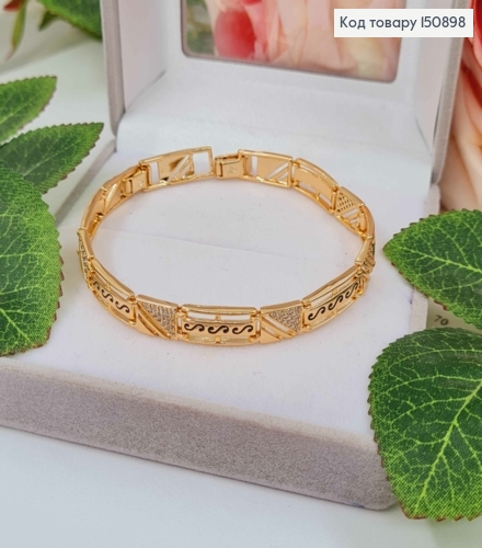 Браслет плетения пластинками, с черными узорами и камешками, 16,5+2см, Xuping 18К. 150898 фото 2