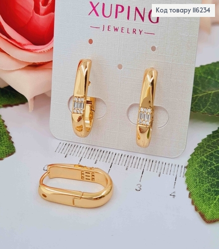 Серьги, прямоугольные пластинки с квадратной вставочкой с камешками, 2см, англ. зам. Xuping 18K 116234 фото 2