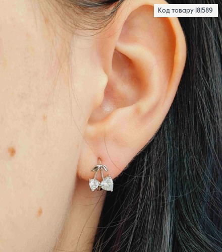 Серьги родованные кольца, "Вишневое Сердце" с Блестящими камешками, 1см, Xuping  181589 фото 3