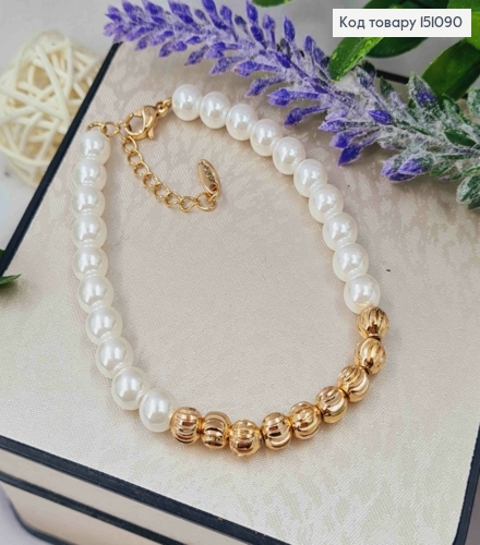 Браслет из перламутровых и золотых бусин, длина 17+3см, Xuping 18K. 151090 фото 2