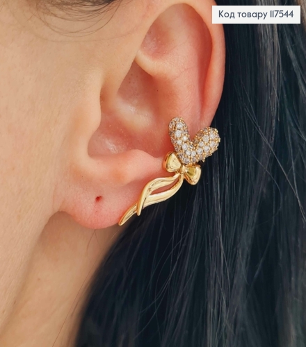 Серьги гвозди-кафе, Сердце в камешках с Бантиком, 3,2см, XUPING 18K 117544 фото 2