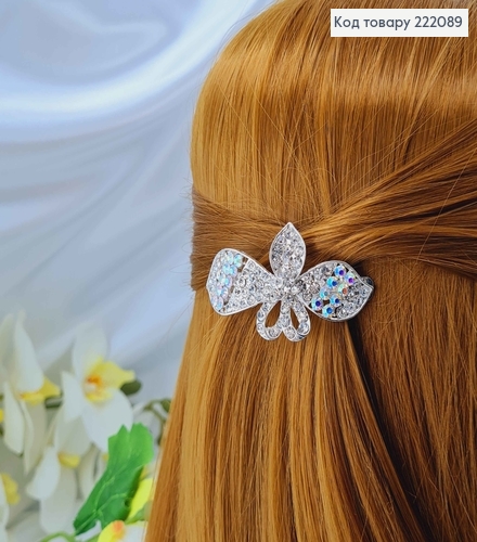 Заколка автомат метал 6*3см Бантик в камінцях срібного кольору 222089 фото 3